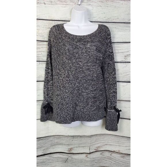 LOFT Black White Marled Knit Sweater Size Small 100% Cotton Long Sleeve Bow Cuff - Picture 2 of 10